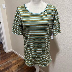 LuLaRoe - Gigi - Short Sleeve - Olive and Light Blue Stripes - Size Large - NWT